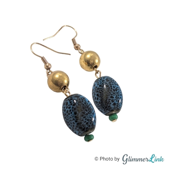 Blue Black & Green Mottled Tiered Gold Tone Dangle Earrings - Picture 4 of 6